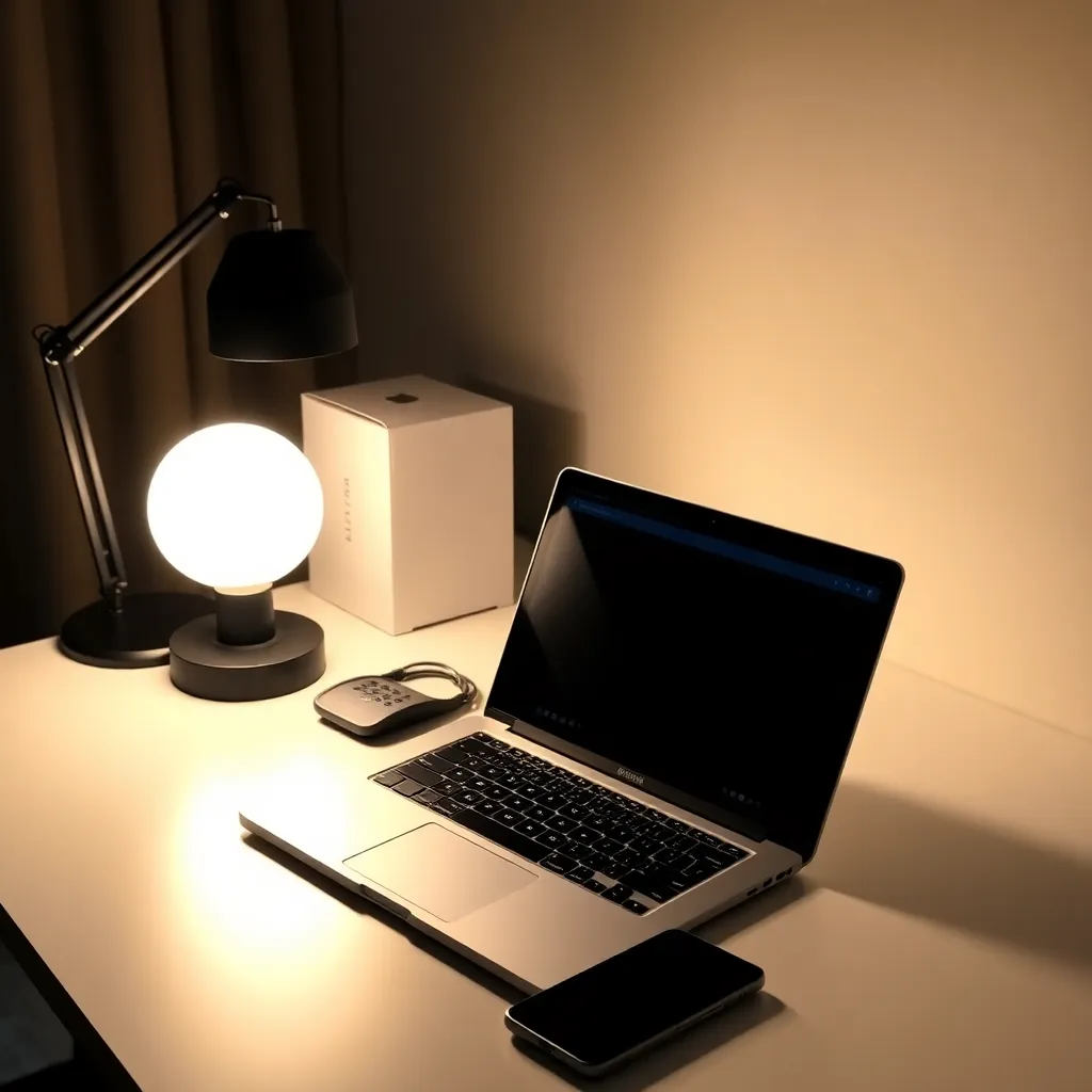 A desk with a laptop, a phone, and a lamp